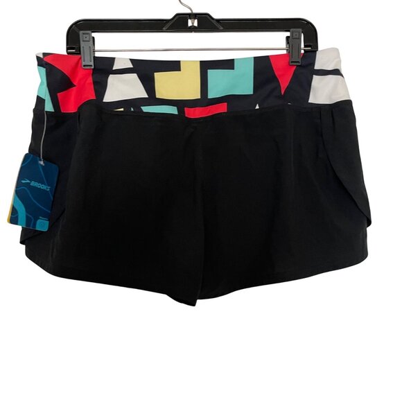 Brooks Womens Running Shorts With Inner Liner Black & Multicolor Geometric Waist - Picture 3 of 4